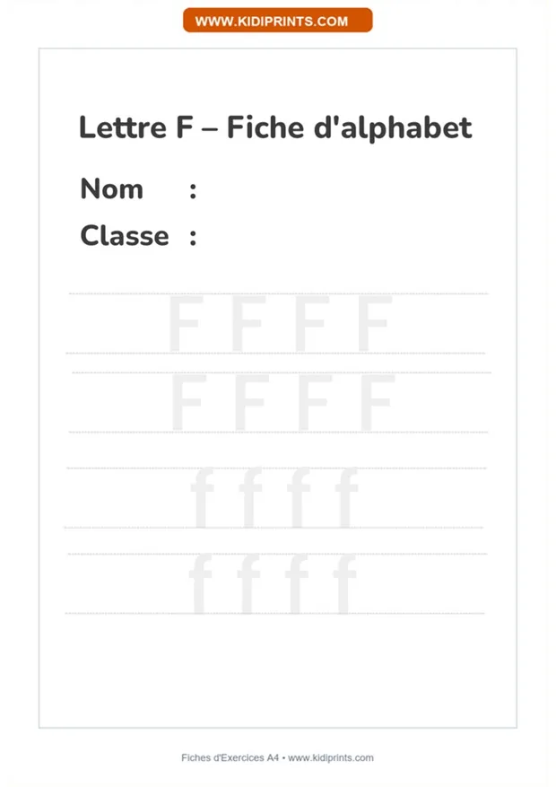 Fiche d’alphabet — lettre F à imprimer, format A4