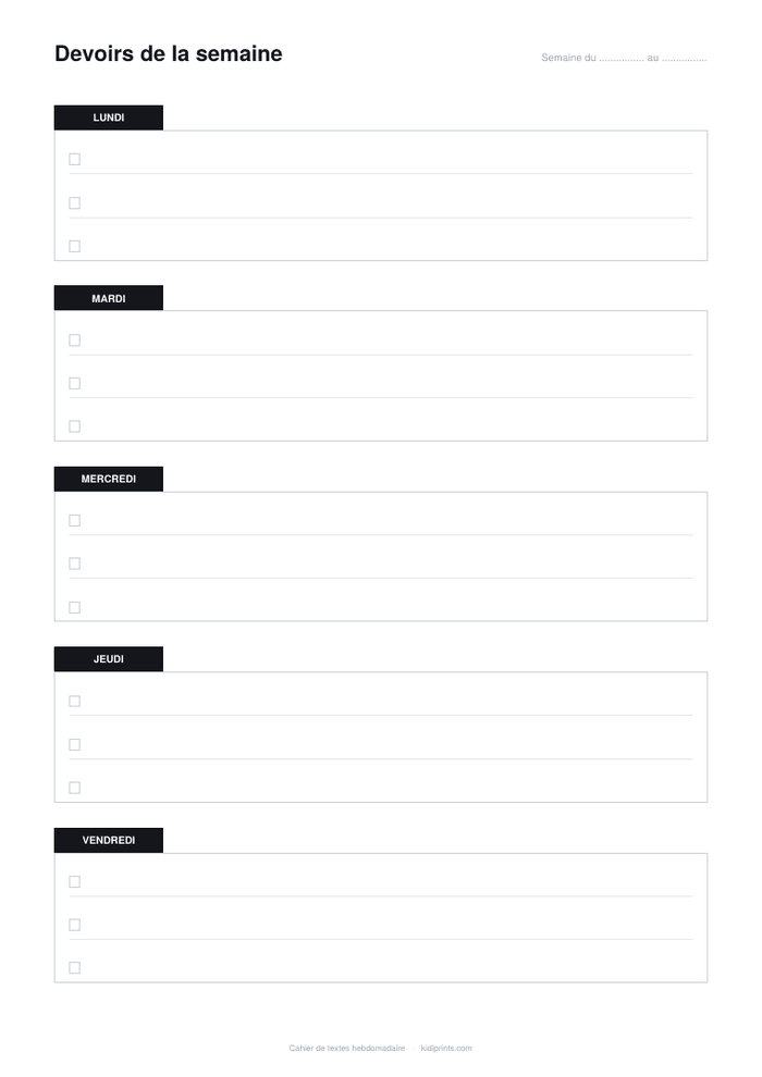 Cahier de textes à imprimer, format A4
