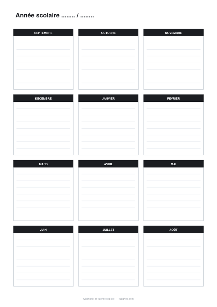 Calendrier de l'année scolaire à imprimer, format A4