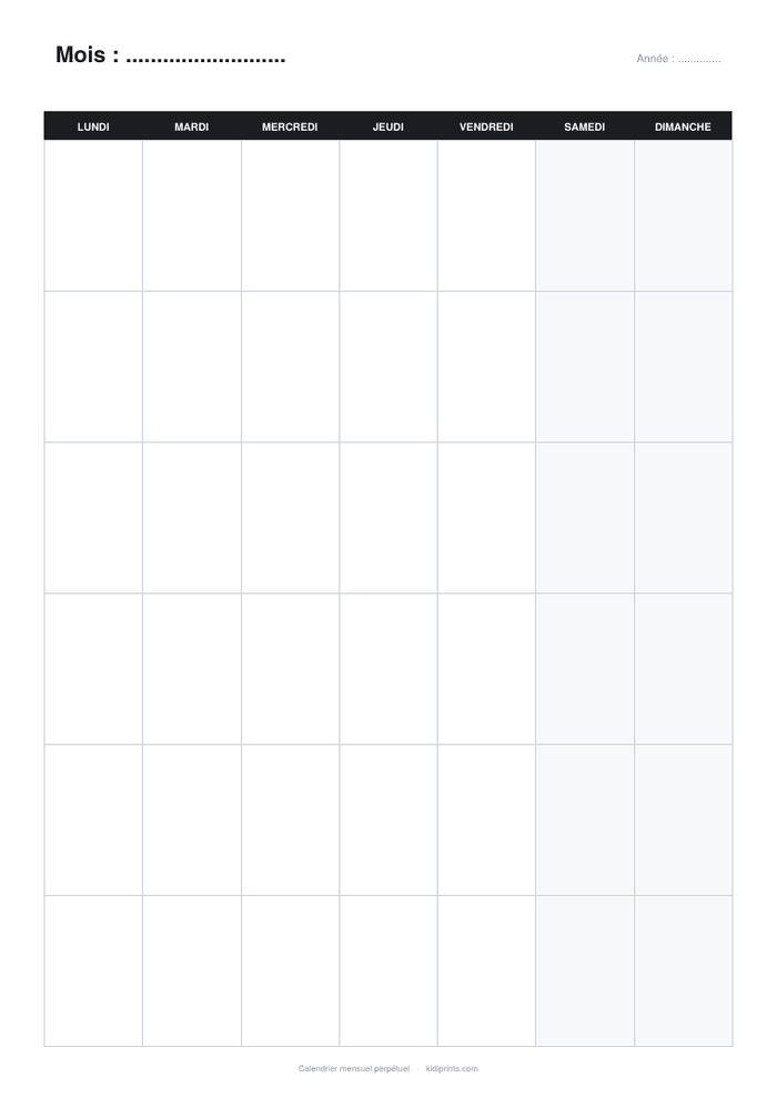 Calendrier mensuel à imprimer, format A4