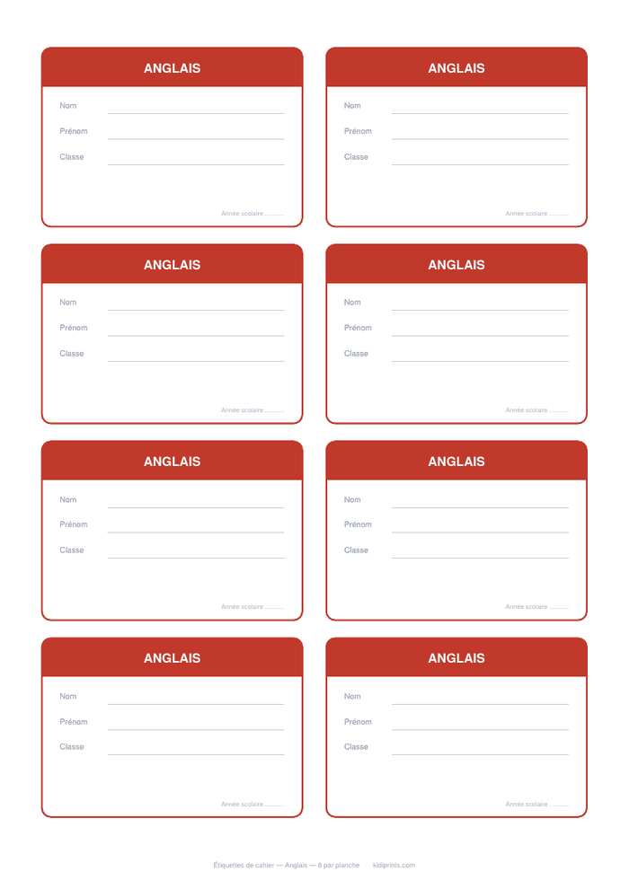 Étiquettes Anglais à imprimer, format A4