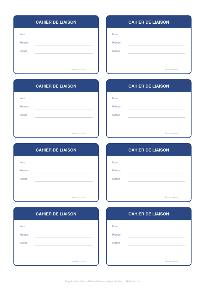 Étiquettes Cahier de liaison à imprimer, format A4