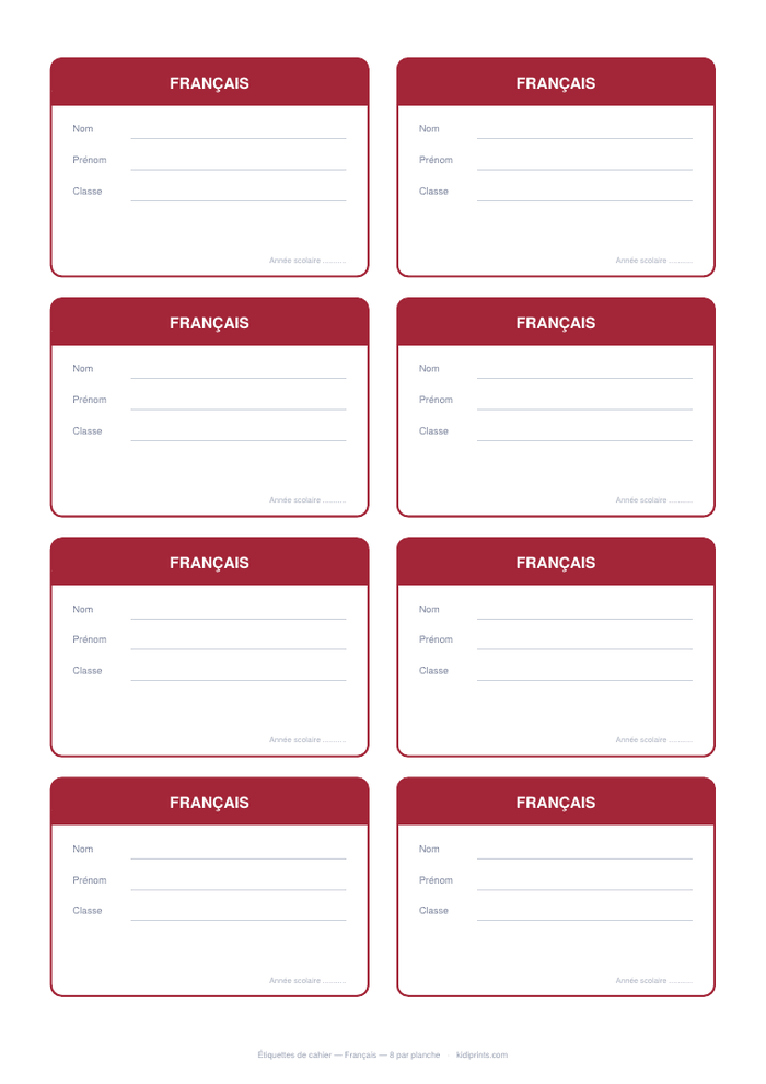 Étiquettes Français à imprimer, format A4