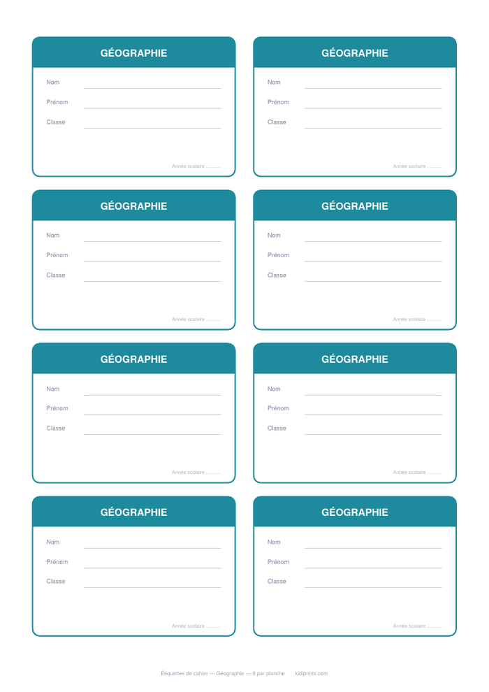 Étiquettes Géographie à imprimer, format A4