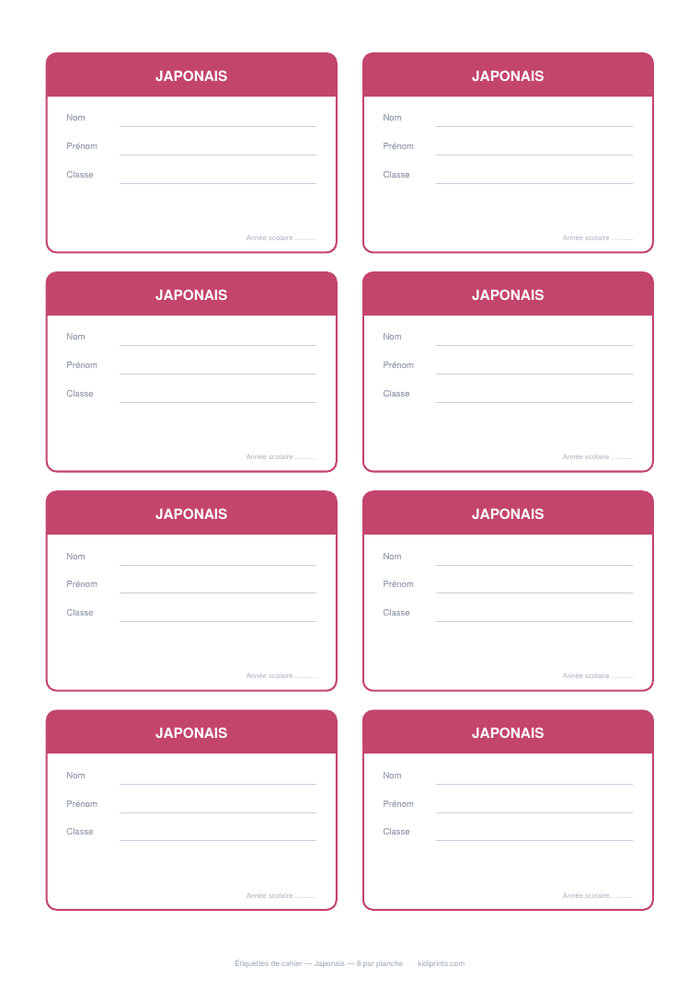 Étiquettes Japonais à imprimer, format A4