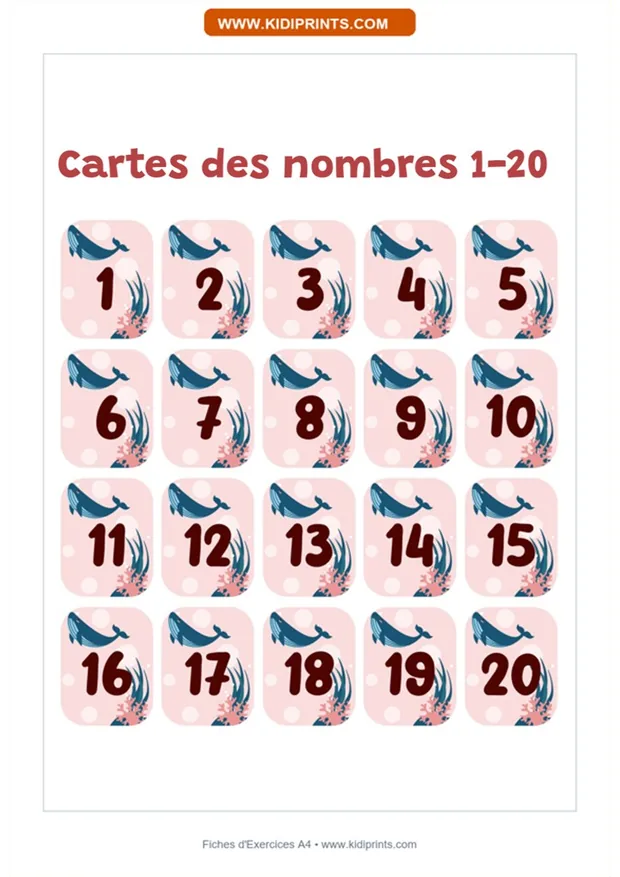 Cartes des nombres 1 à 20 à imprimer, format A4
