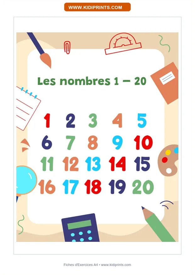 Les nombres de 1 à 20 à imprimer, format A4