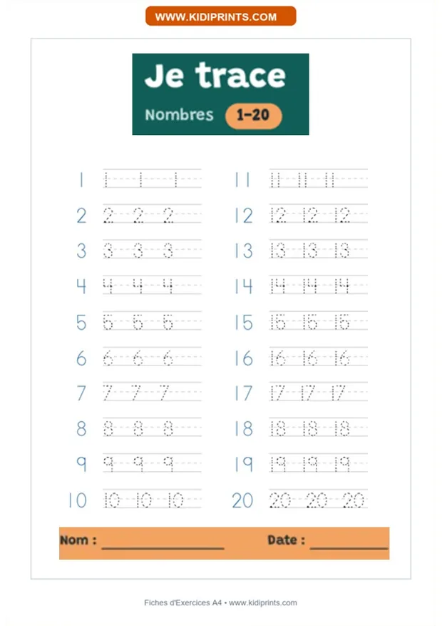 Je trace les nombres 1 à 20 à imprimer, format A4