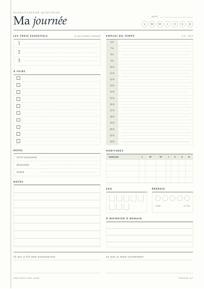 Planificateur journalier — sauge à imprimer, format A4