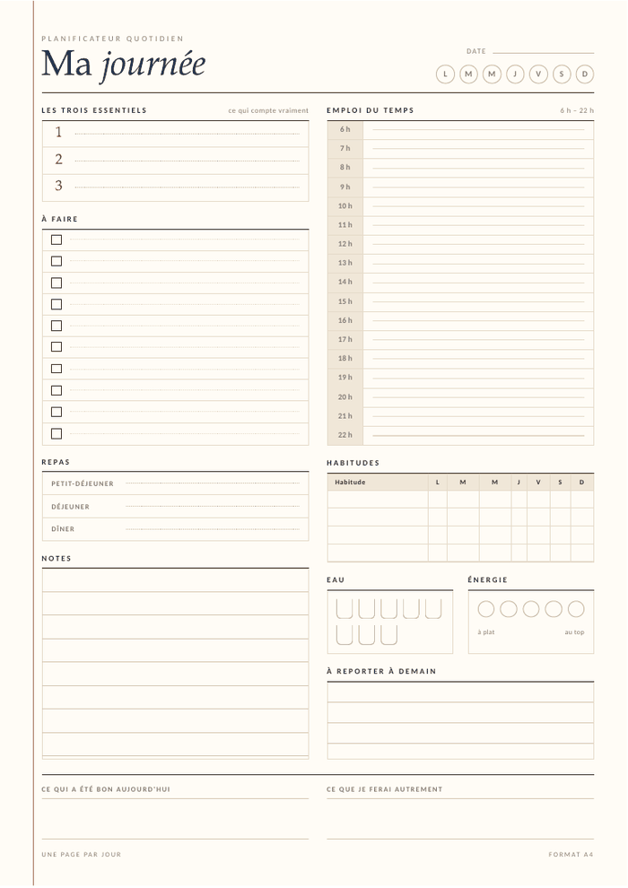 Planificateur journalier — sépia à imprimer, format A4
