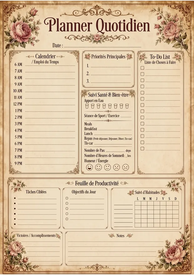 Planner quotidien vintage à imprimer, format A4