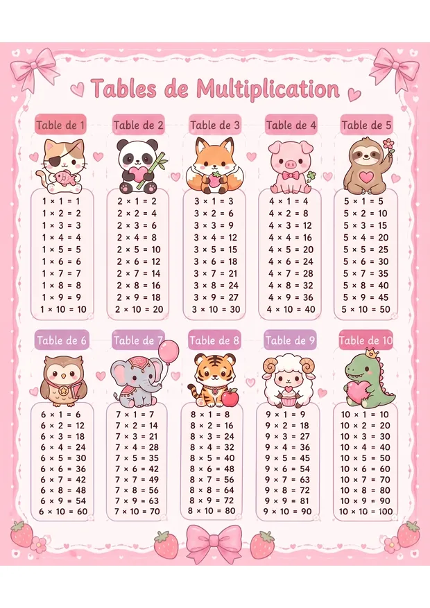 Tables de multiplication — version rose à imprimer, format A4