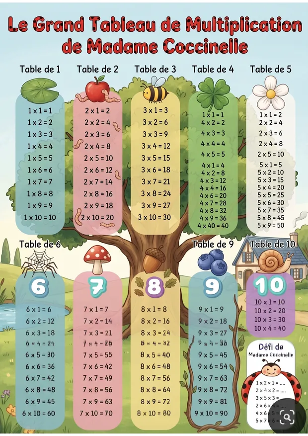 Grand tableau de multiplication — Madame Coccinelle à imprimer, format A4